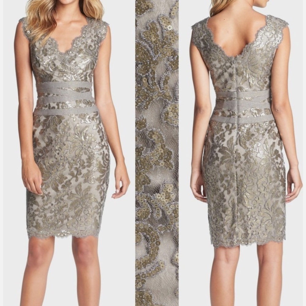 Tadashi Shoji Smoke Pearl Sequin Lace Cocktail Dress 6P
V Neck Sheath Evening - Picture 2 of 15